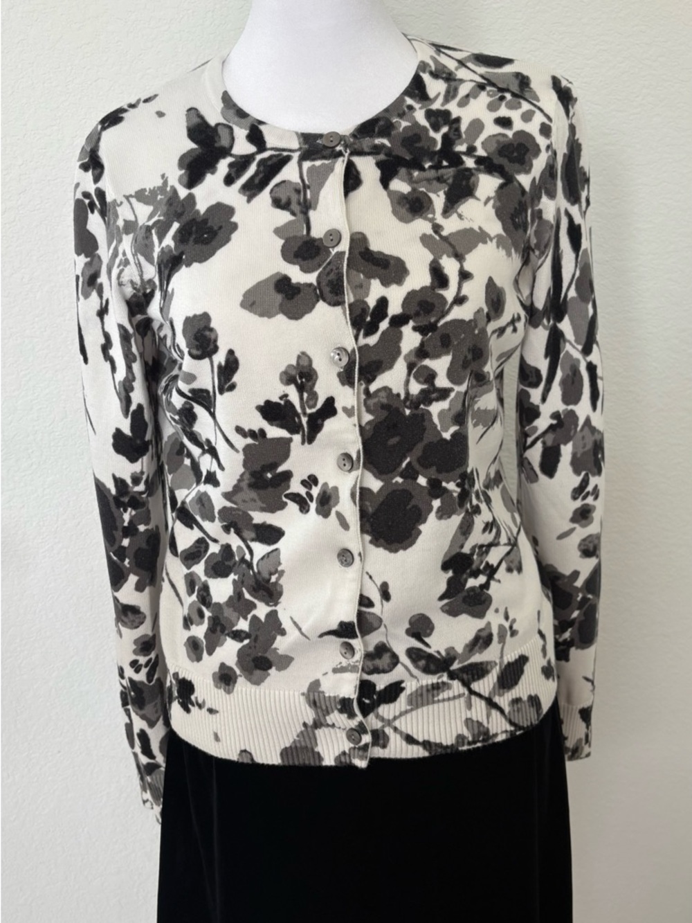 Van Heusen Cream and Black Floral Cardigan Sweater